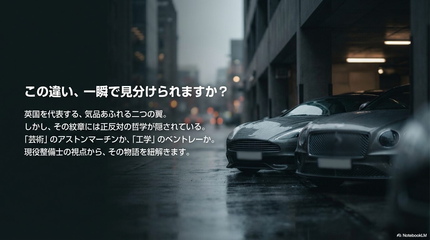 アストンマーチンとベントレーのロゴを並べ、芸術と工学という正反対の哲学を持つことを示す導入画像。