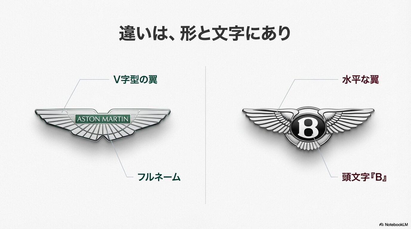 アストンマーチンのV字型の翼とフルネームロゴ、ベントレーの水平な翼と頭文字Bを比較解説した図解。