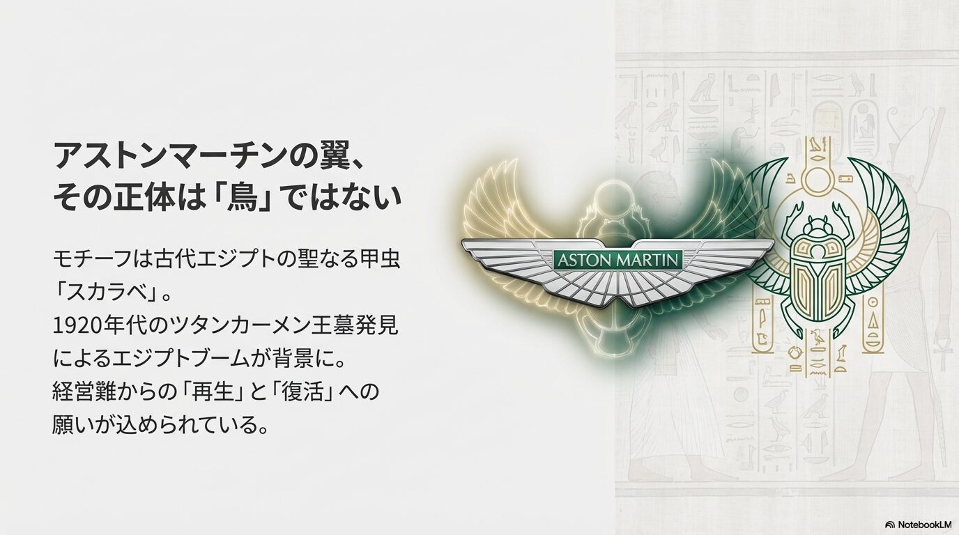 アストンマーチンのロゴが鳥ではなく古代エジプトのスカラベ（フンコロガシ）をモチーフにしていることを説明する資料。