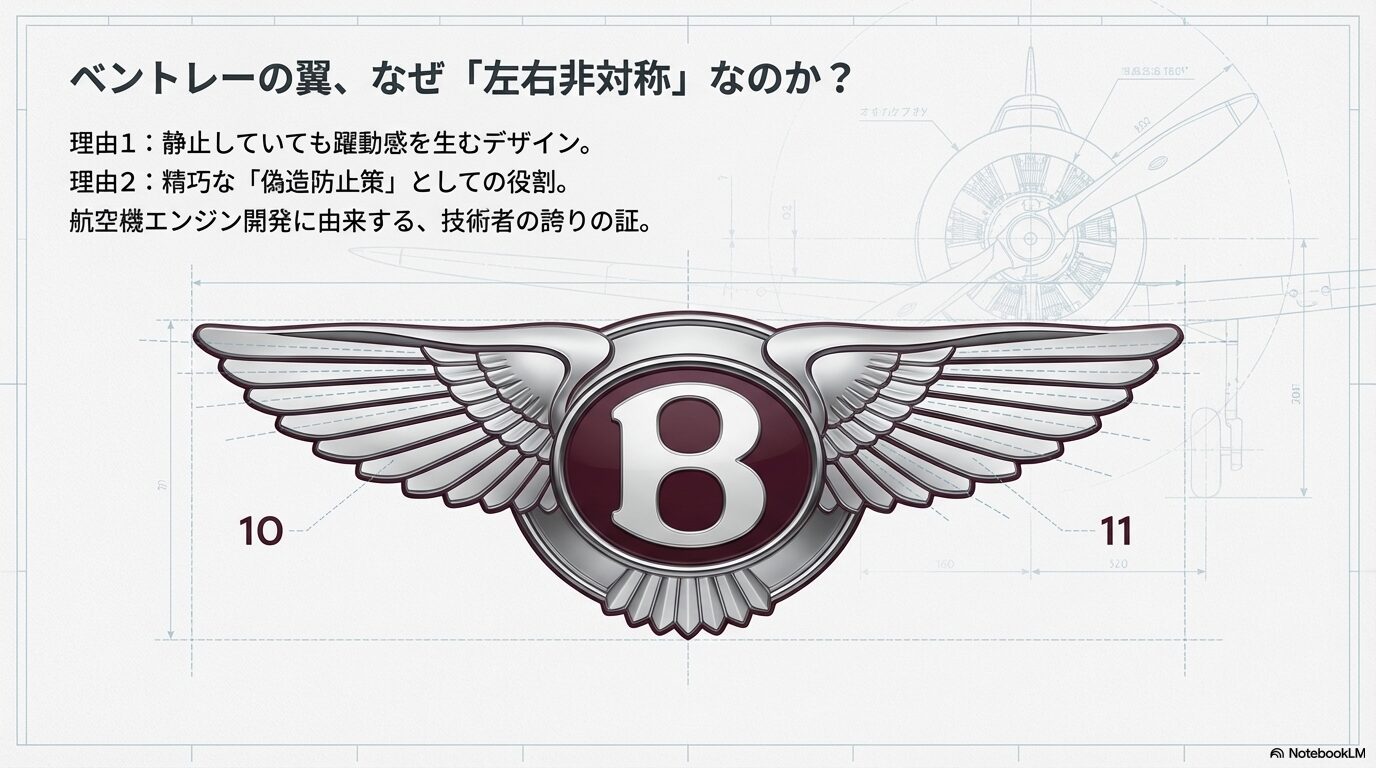 ベントレーロゴの羽の数が左右で10枚と11枚に分かれている理由（躍動感と偽造防止）を解説したスライド。