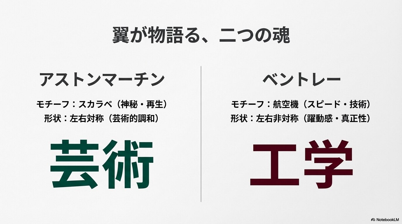 アストンマーチンの「芸術・神秘」とベントレーの「工学・スピード」という特性を対比させたまとめ画像。
