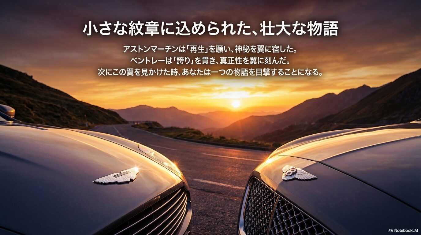 アストンマーチンとベントレーのロゴがそれぞれ「再生」と「真正性」を象徴していることを伝える結びのスライド。