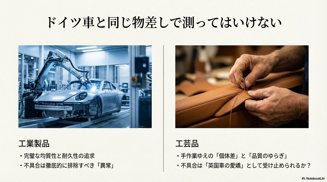 ドイツ車のロボットによる精密な製造ラインとアストンマーティンの職人による手縫いレザー作業の比較