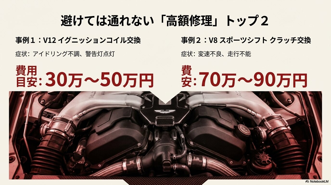アストンマーティンのV12エンジンルームとイグニッションコイル交換・スポーツシフトクラッチ交換の修理費用目安