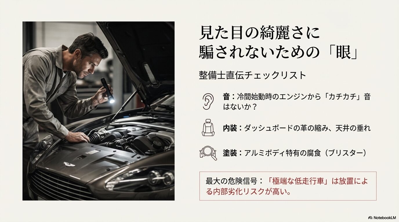 整備士がエンジンルームを点検している様子と中古車購入時の異音・内装・塗装チェックリスト