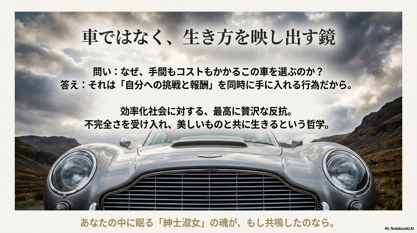 不完全さを受け入れ、美しいものと共に生きるという「自分への挑戦と報酬」の哲学をまとめたスライド