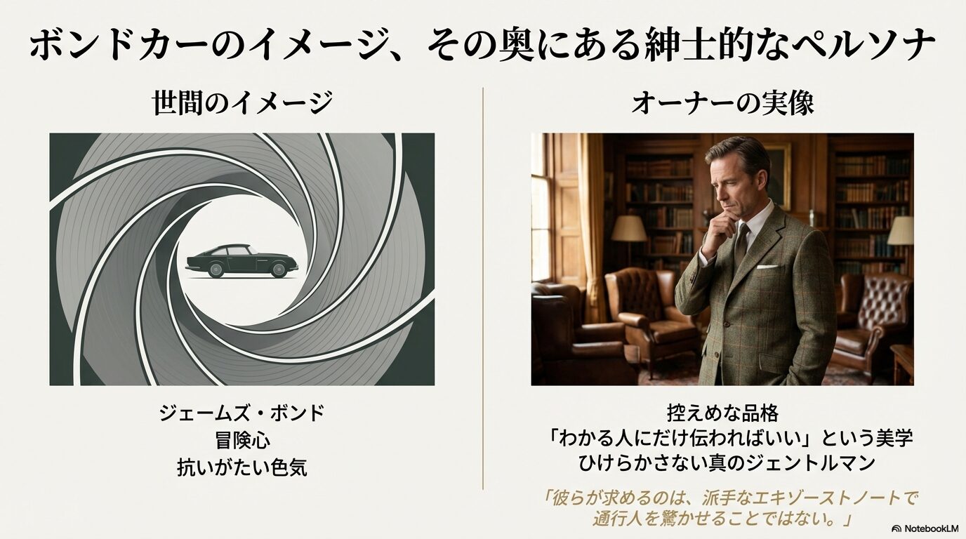 ジェームズ・ボンドのイメージと、控えめな品格を求めるオーナーの実像を比較したスライド