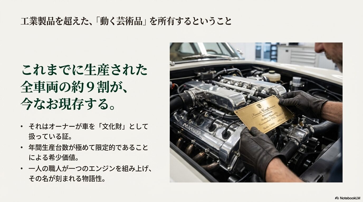 現存率9割という文化財としての側面と、職人の名が刻まれるエンジンプレートの希少性を解説したスライド