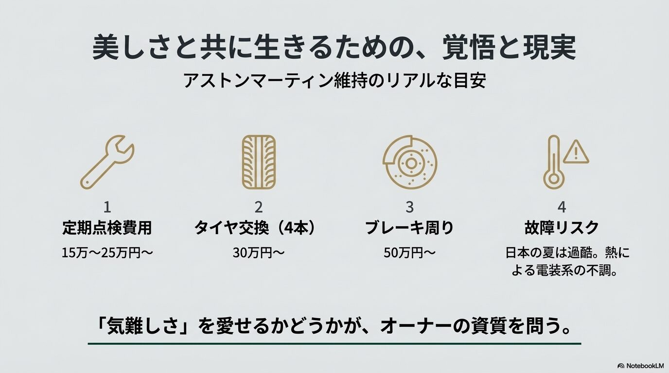 定期点検・タイヤ・ブレーキの費用目安と、日本の夏における故障リスクをまとめたスライド