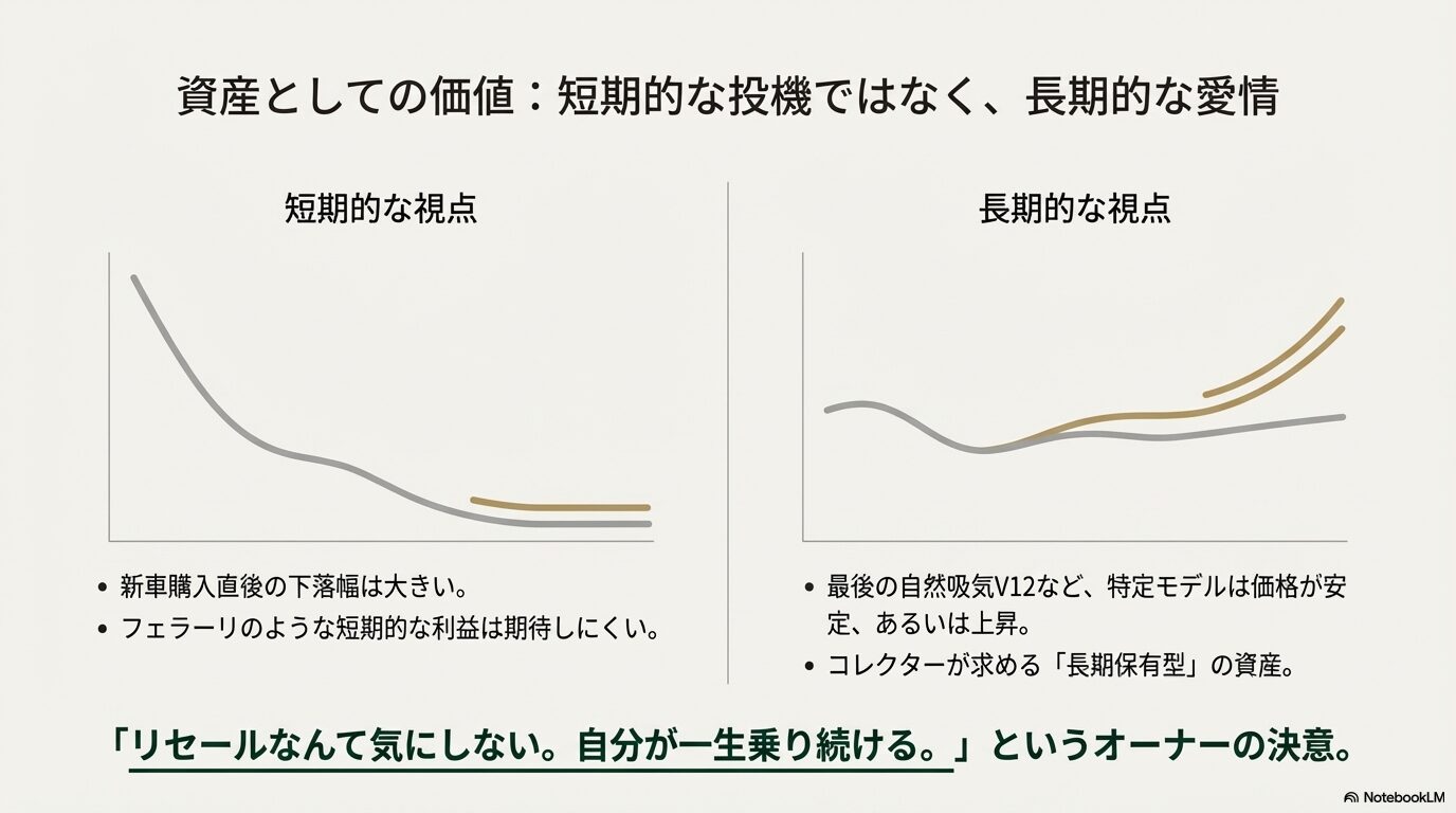 新車直後の下落幅と、特定モデルの長期的な価格安定・上昇をグラフで比較した資産価値解説スライド