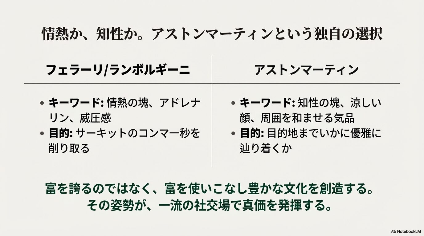 イタリア車のアドレナリンと、アストンの知性・気品という独自性を比較キーワードでまとめたスライド