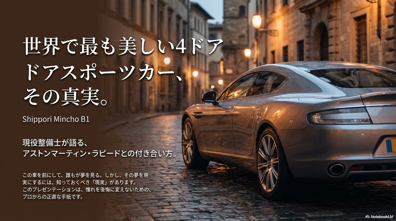 アストンマーティン・ラピードの現実と夢についてのプレゼンテーション表紙。現役整備士が語る真実。