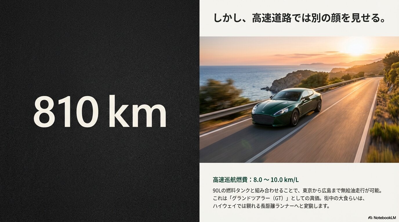 海沿いを走るアストンマーティンラピード。高速巡航燃費8.0-10.0km/Lと航続距離810kmを実現するGTカーとしての性能。