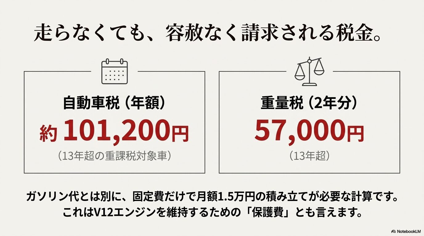 ラピードの年間維持費における税金の重圧。13年超の重課税により自動車税と重量税で高額な固定費が必要になる計算。