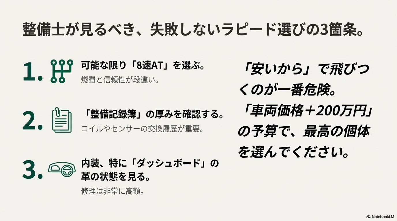 失敗しないアストンマーティンラピード中古車選びの3箇条。8速AT、整備記録簿、ダッシュボードの状態確認を推奨。