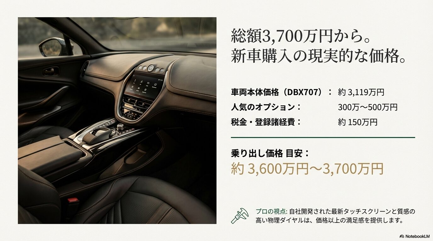 DBX707の新車乗り出し価格目安。本体価格約3,119万円にオプションや諸経費を含め総額3,600万〜3,700万円のシミュレーション