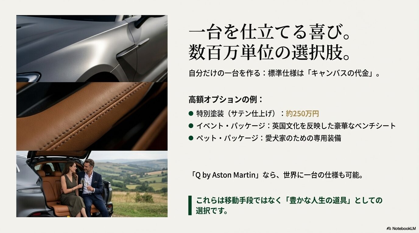 アストンマーティンDBXのカスタマイズオプション例。サテン仕上げ塗装やイベントパッケージ、ペットパッケージの紹介