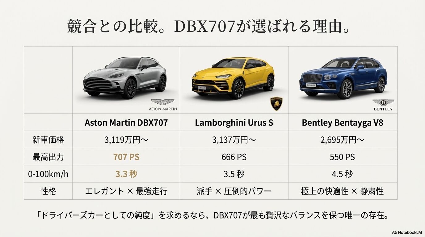 アストンマーティンDBX707、ランボルギーニ・ウルスS、ベントレー・ベンテイガV8の価格・出力・加速性能・性格の比較表