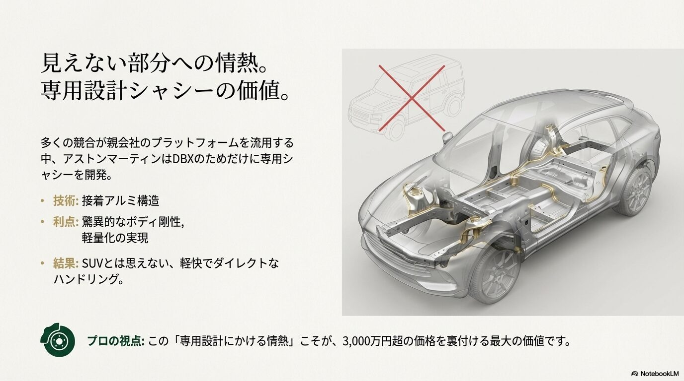 競合他社と異なりDBXのためだけに開発された接着アルミ構造の専用シャシー。高い剛性と軽量化によりSUV離れしたハンドリングを実現