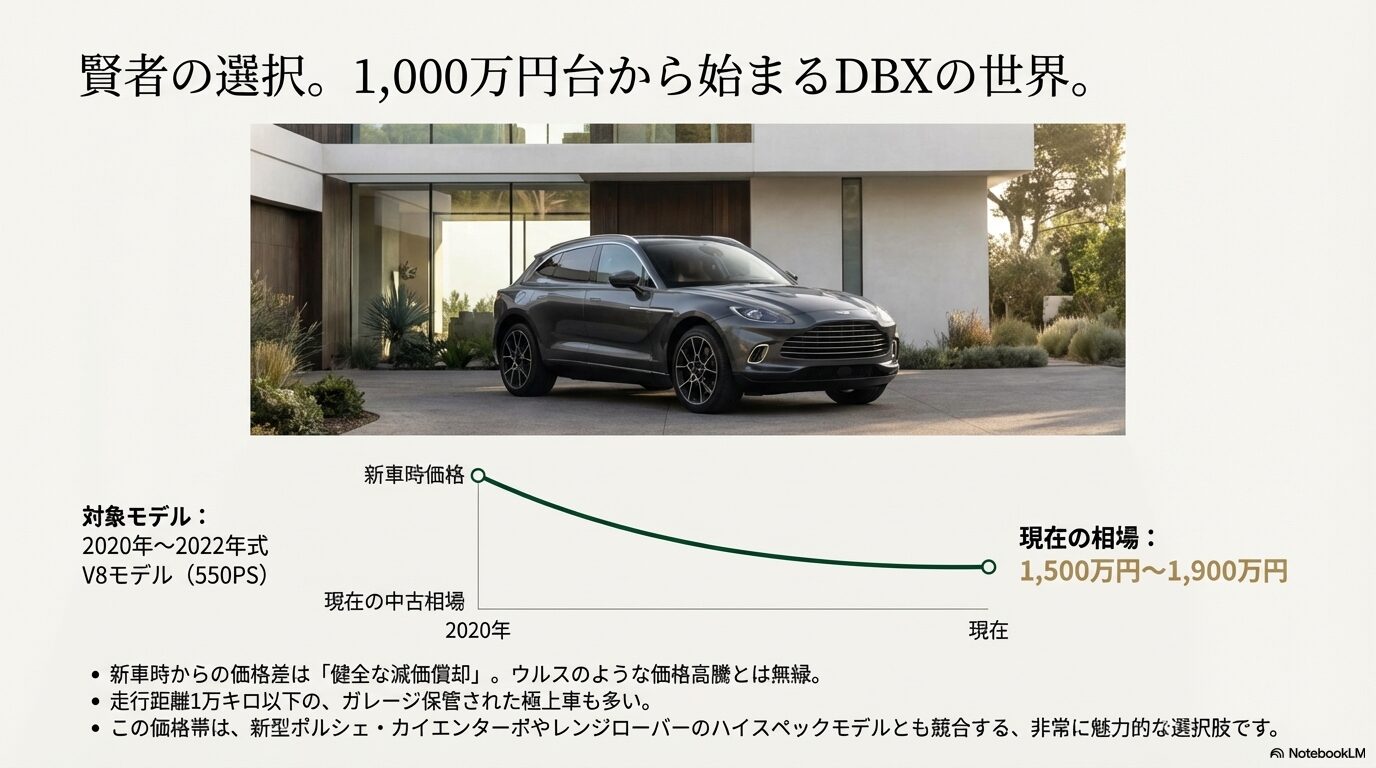 2020年〜2022年式のDBX(V8モデル)の中古相場。1,500万円〜1,900万円台で狙える「賢者の選択」としての解説