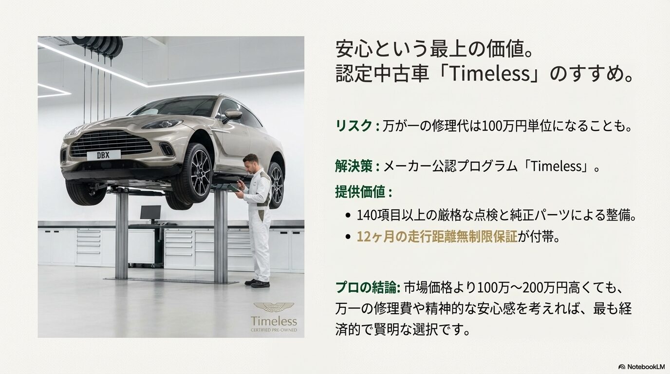 アストンマーティン認定中古車Timeless(タイムレス)の紹介。140項目以上の点検と12ヶ月走行距離無制限保証による安心の提供