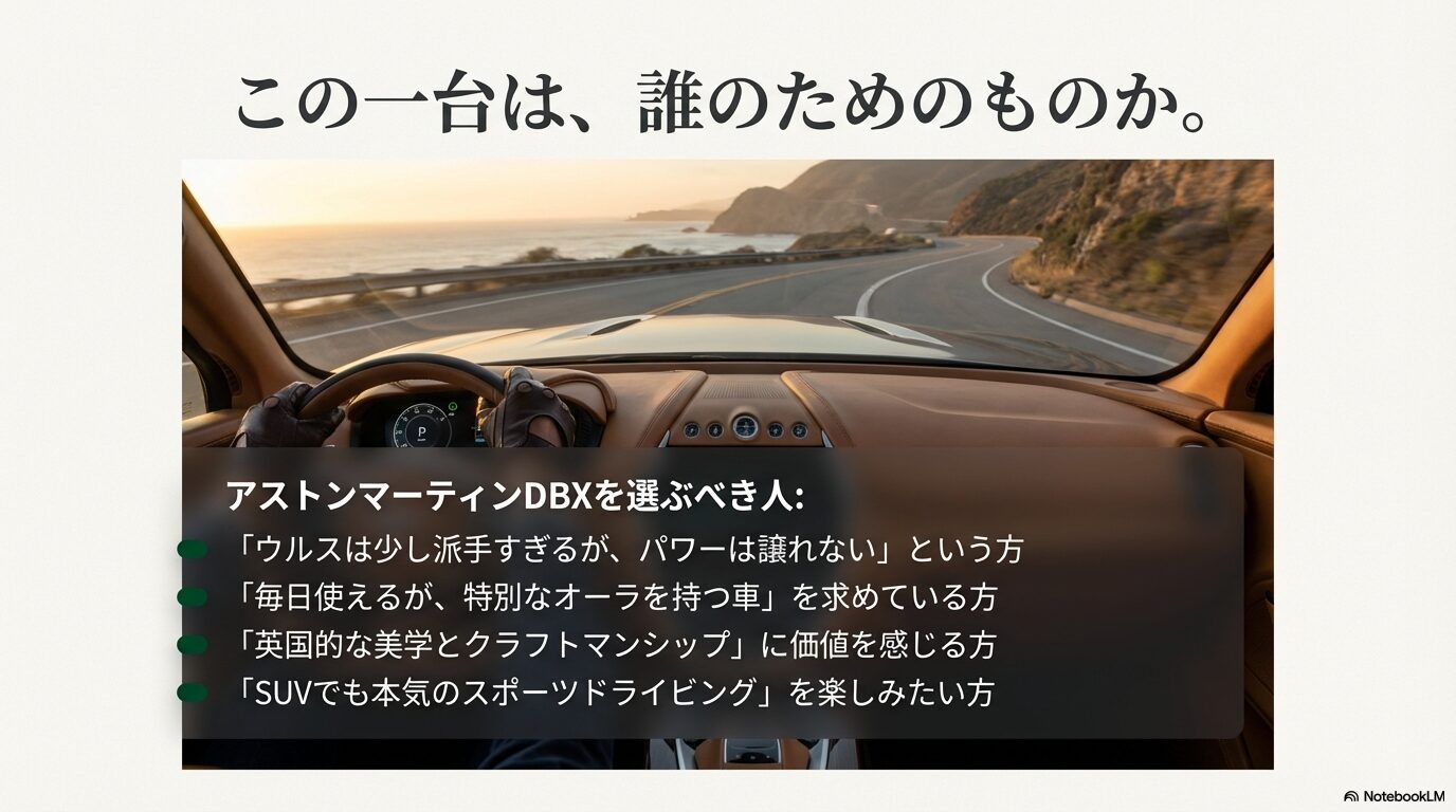 英国的な美学や本気のスポーツドライビングをSUVで楽しみたい人など、DBXを選ぶべきオーナー像のまとめ