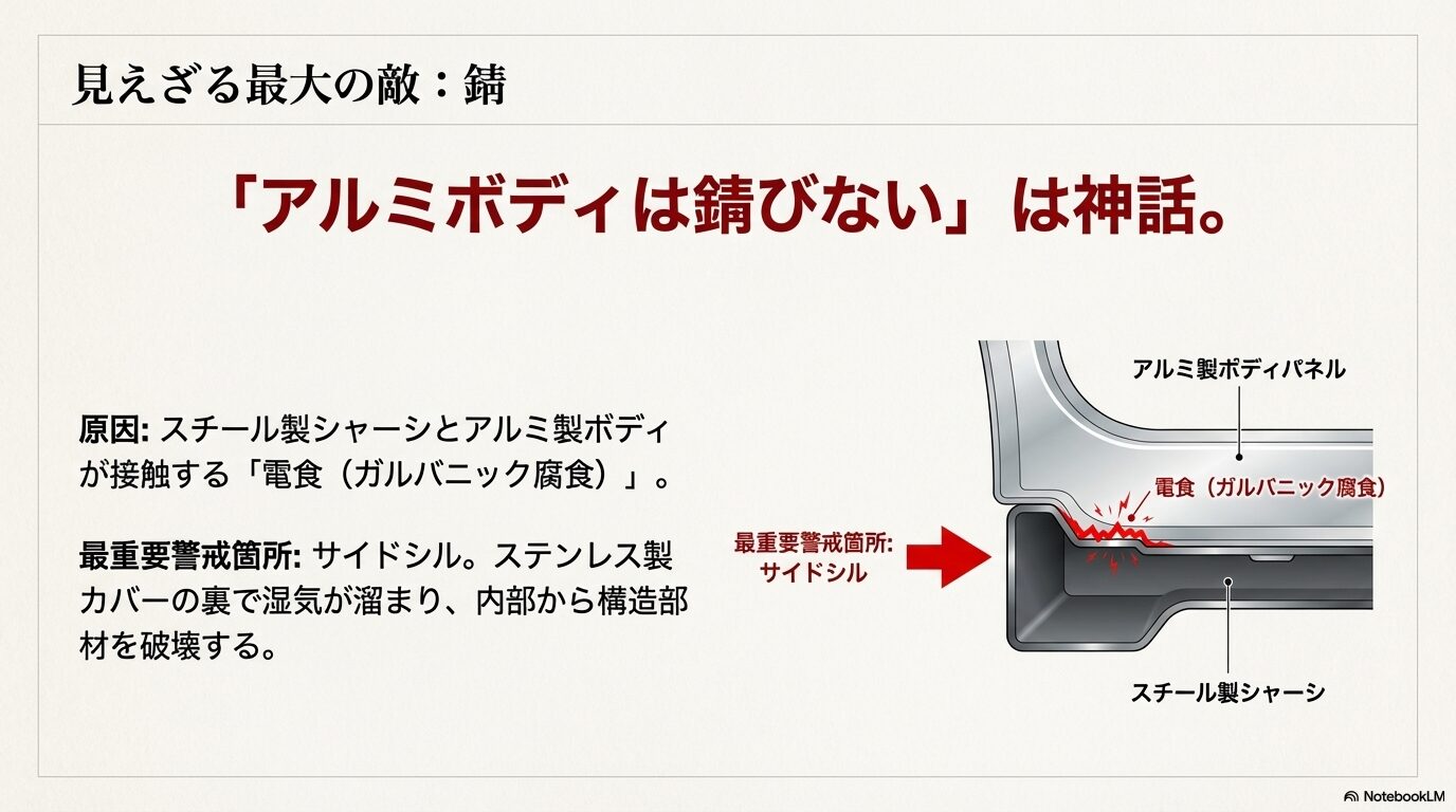 アルミ製ボディパネルとスチール製シャーシの接触による電食（錆）のメカニズムとサイドシルの警戒ポイント図解