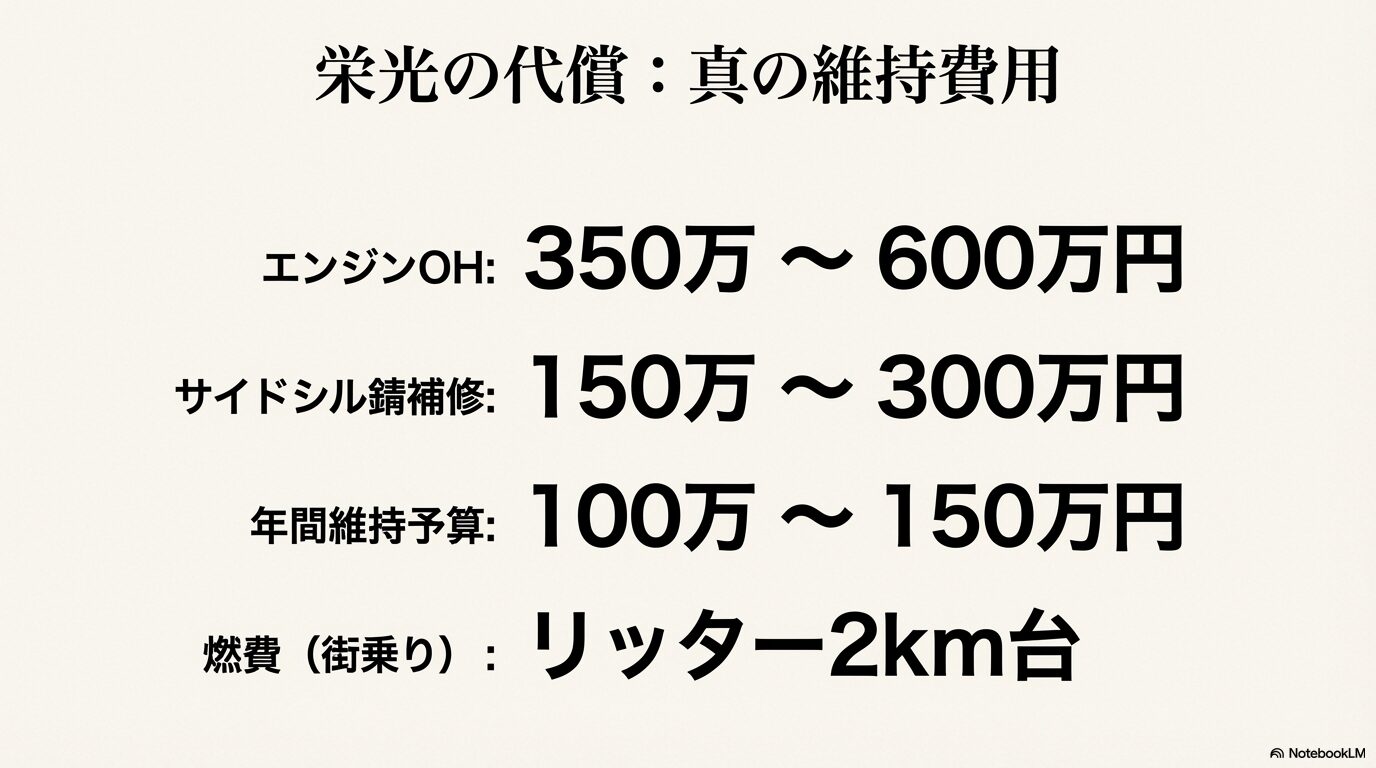エンジンオーバーホール費用、錆補修費用、年間維持予算、街乗り燃費リッター2km台を示す費用スライド