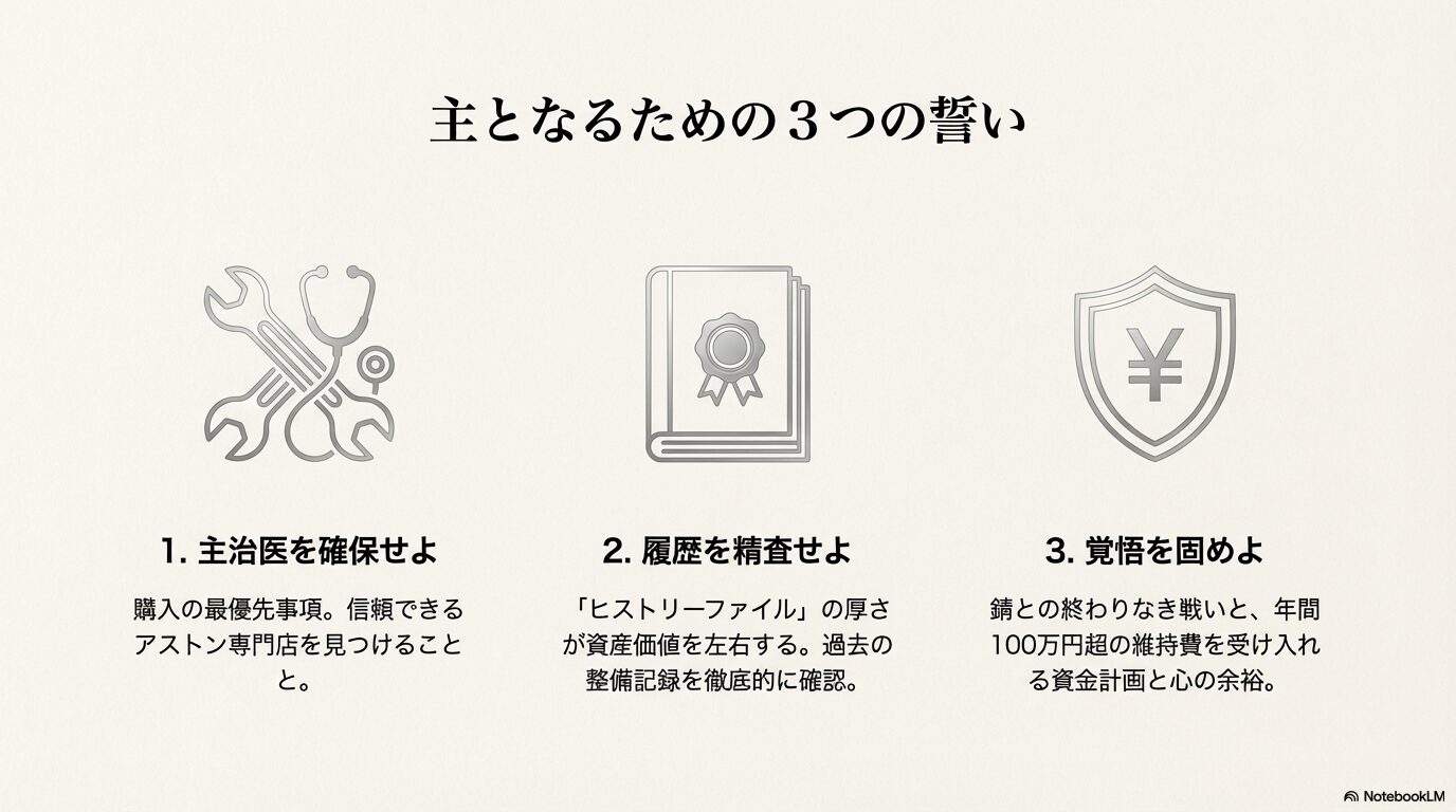 信頼できる主治医の確保、ヒストリーファイルの精査、維持費と錆への覚悟を示すオーナーシップのチェックリスト
