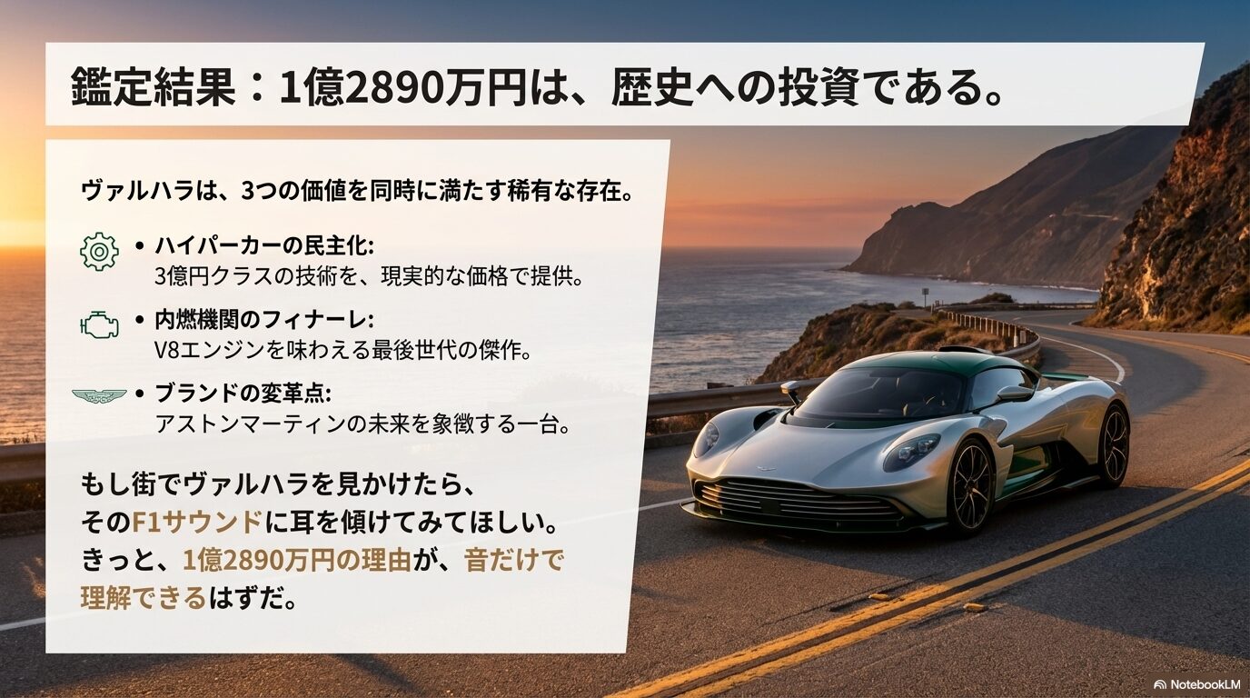 アストンマーティン ヴァルハラの1億2890万円という価格が歴史への投資である理由のまとめ
