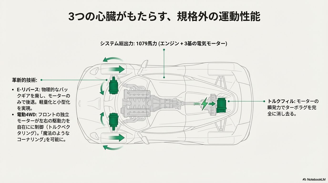 アストンマーティン ヴァルハラの3モーターPHEVシステム図解。E-リバースと電動4WDトルクベクタリングの仕組み
