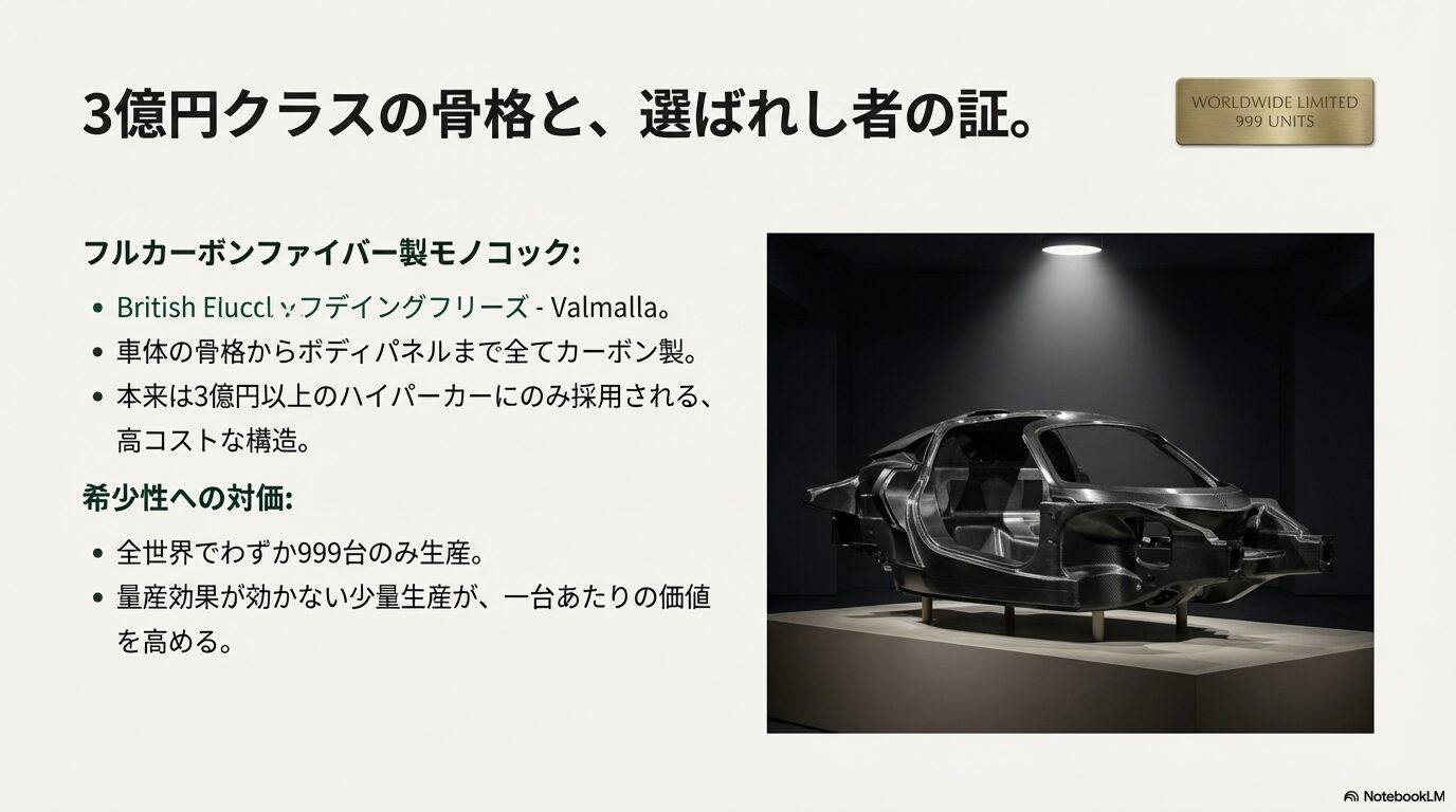 3億円クラスのハイパーカーと同等のフルカーボンファイバー製モノコック構造