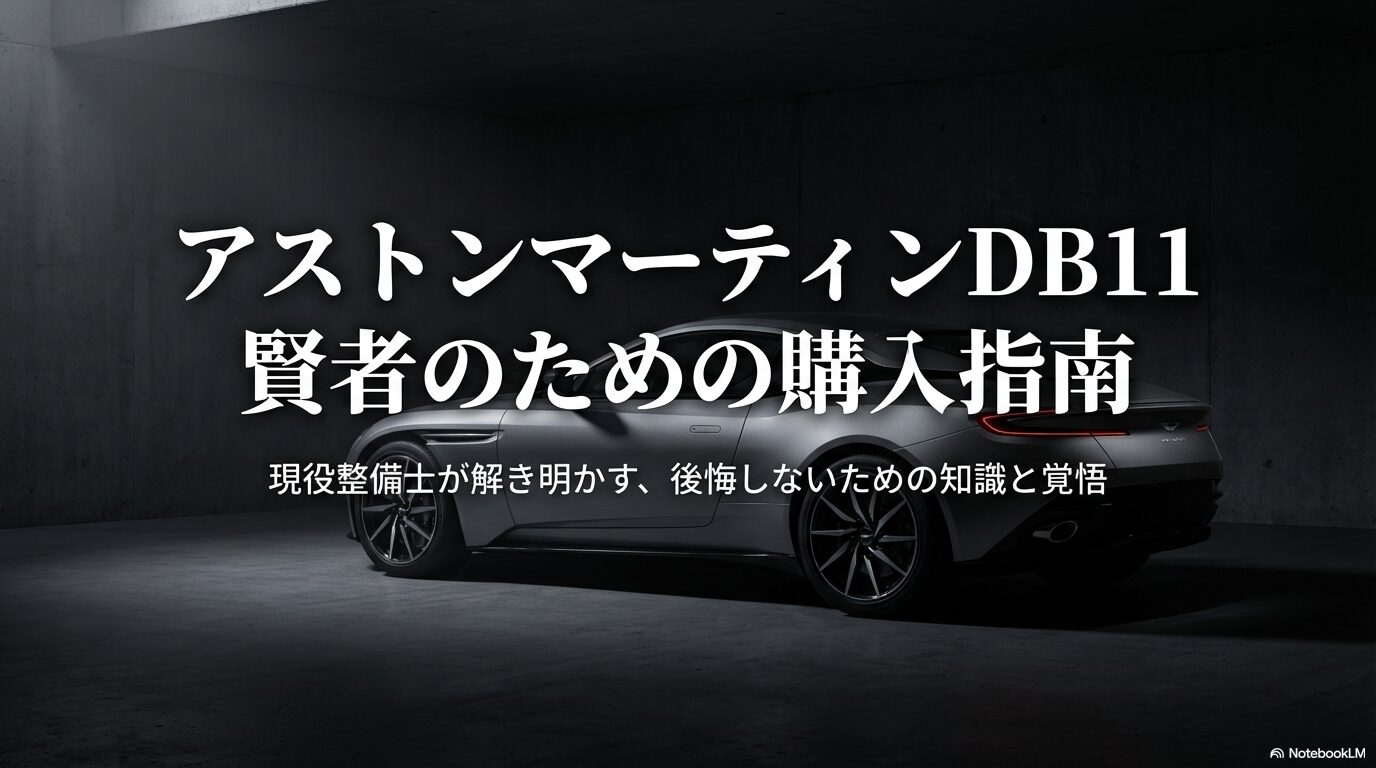 現役整備士が教えるアストンマーティンDB11の購入指南スライドの表紙。後悔しないための知識と覚悟という副題。