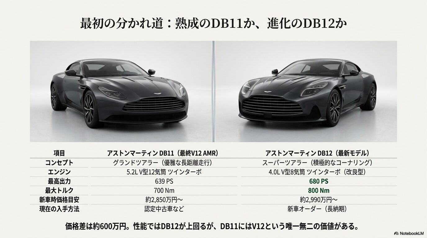 アストンマーティンDB11(V12 AMR)とDB12のコンセプト、エンジン、出力、価格を比較した表。熟練のDB11か進化のDB12か。