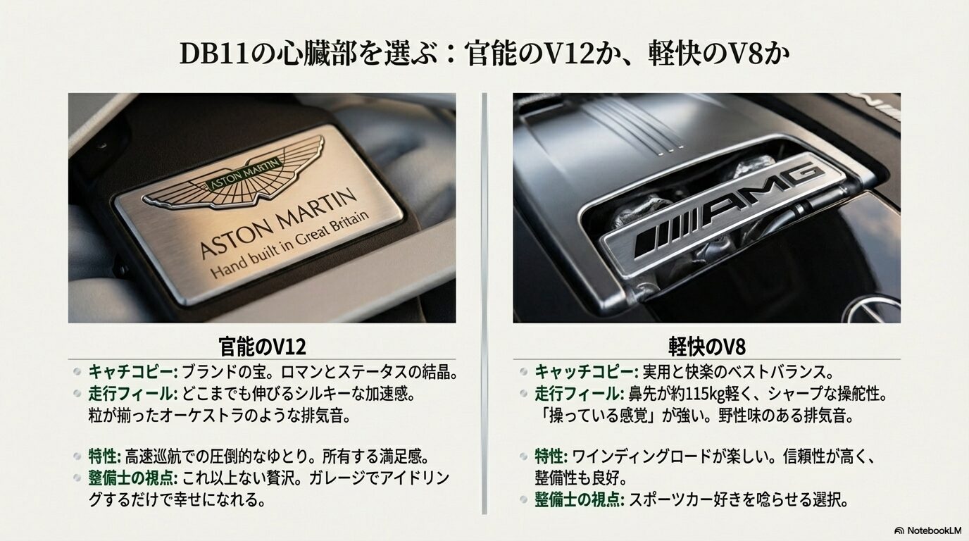 DB11の心臓部、V12エンジンとV8エンジンの特性比較。官能のV12と軽快のV8、それぞれの走行フィールと整備士の視点。