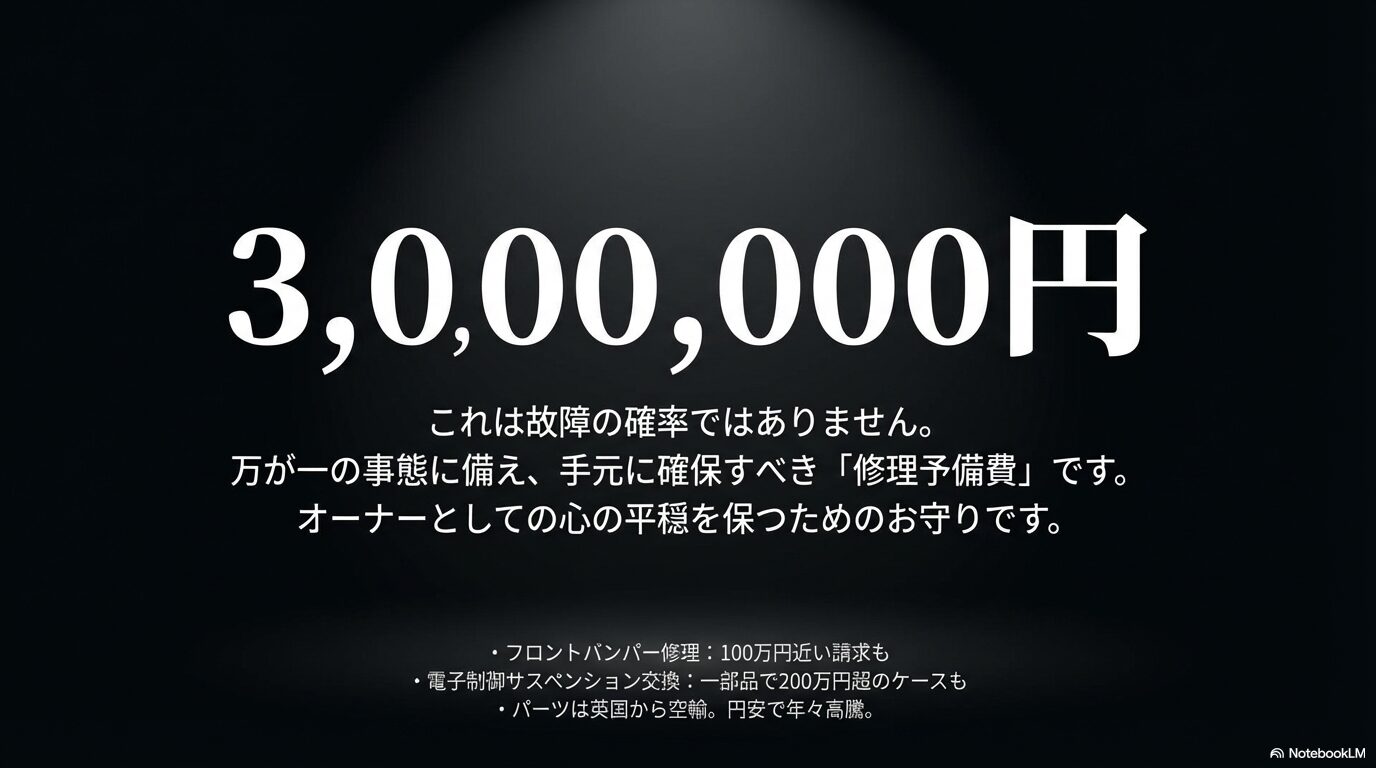 万が一の事態に備えて手元に確保すべき修理予備費300万円の解説。バンパー修理やサスペンション交換が高額になる具体例。