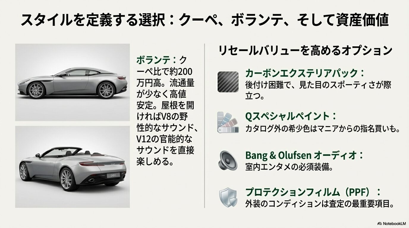 ボランテとクーペの資産価値の違いと、カーボンパックやB&Oオーディオなどリセールバリューを高めるオプションのリスト。