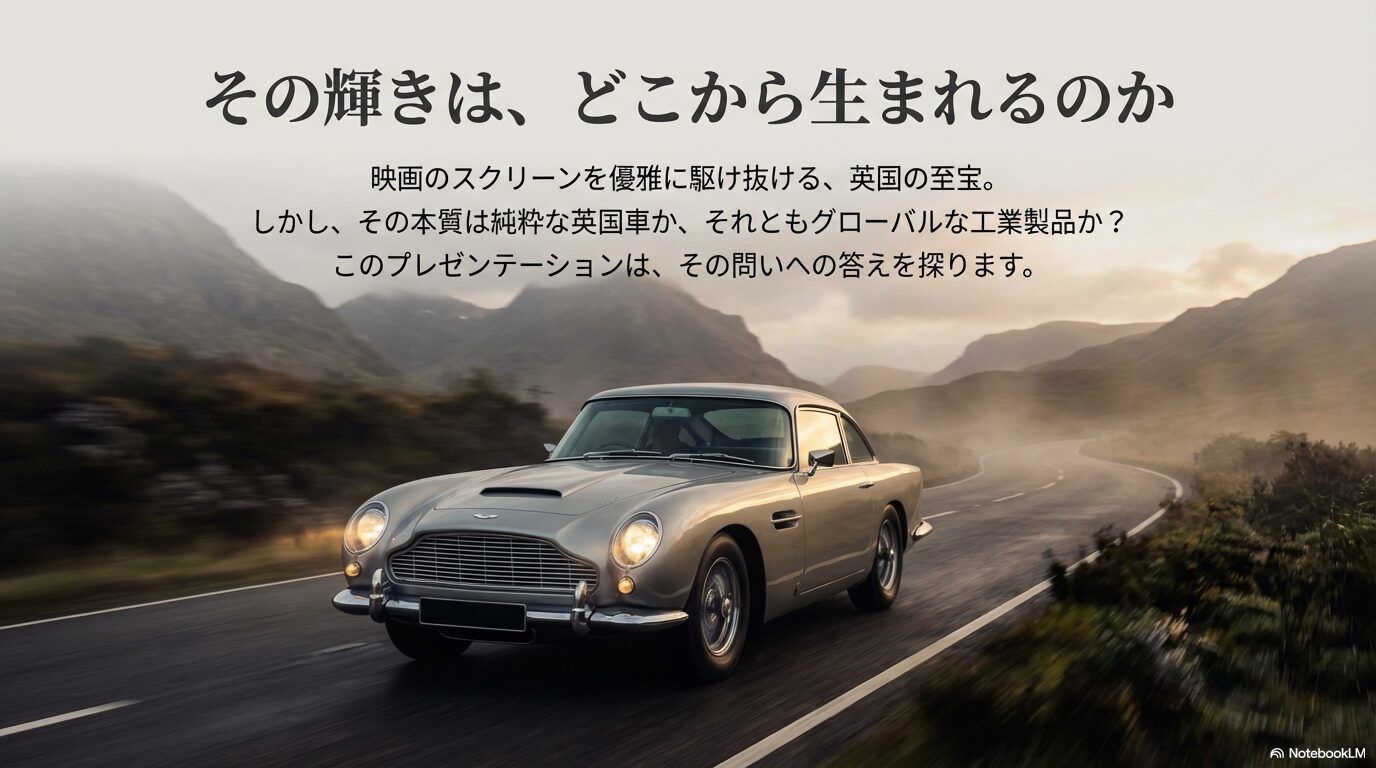 アストンマーティンのフロントマスクと英国旗を背景にした、ブランドの起源と本質を探るプレゼンテーションの表紙。