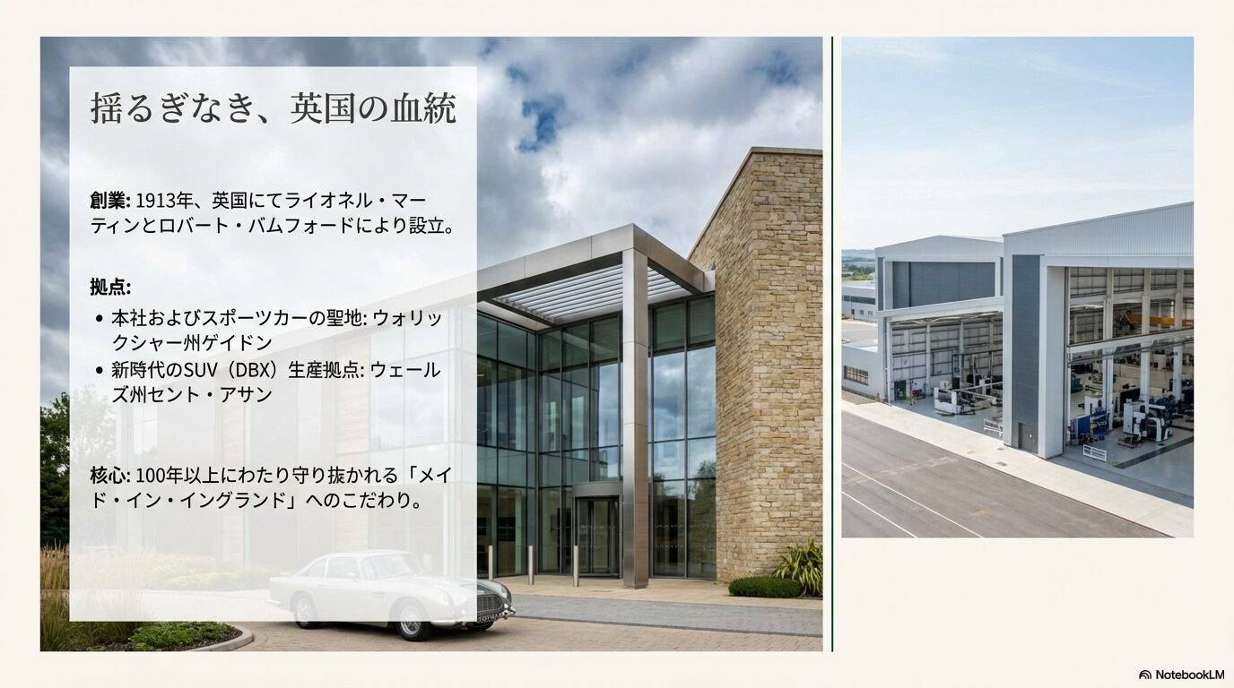 1913年創業の歴史と、ゲイドン本社、セント・アサン工場の拠点を解説するスライド。