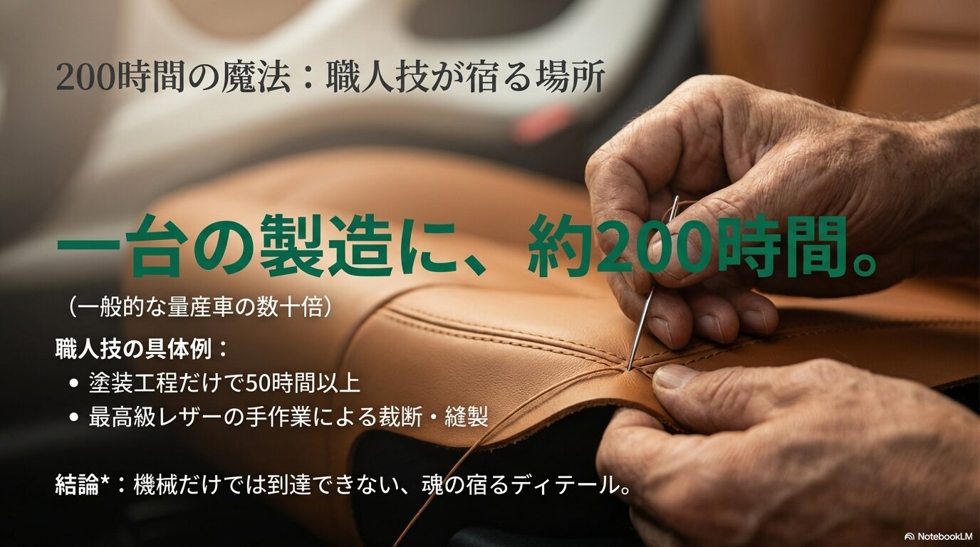 塗装工程に50時間、レザーの手作業工程など、一台の製造に200時間をかける職人技を説明するスライド。