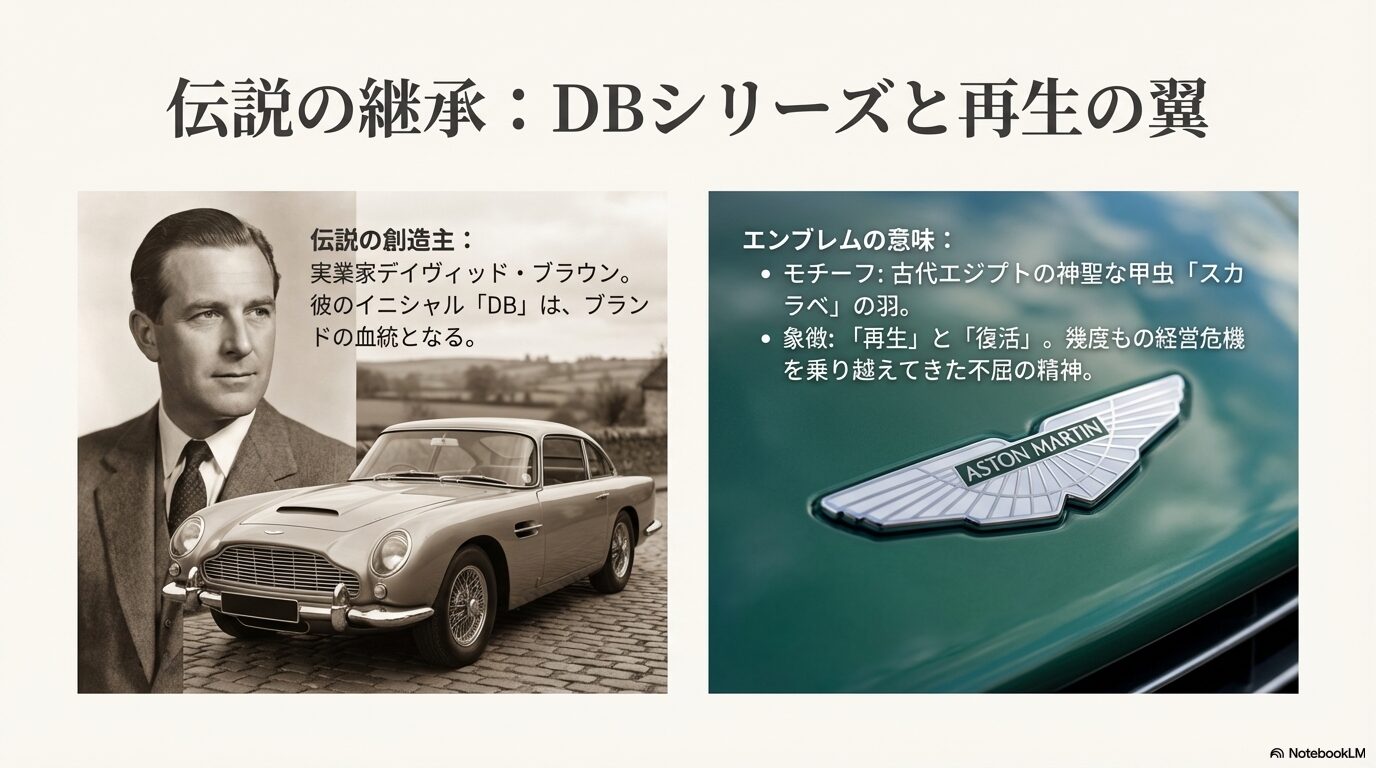デイヴィッド・ブラウンの肖像と伝説の名車DB5、そして再生と復活を意味するスカラベの羽のエンブレム解説。