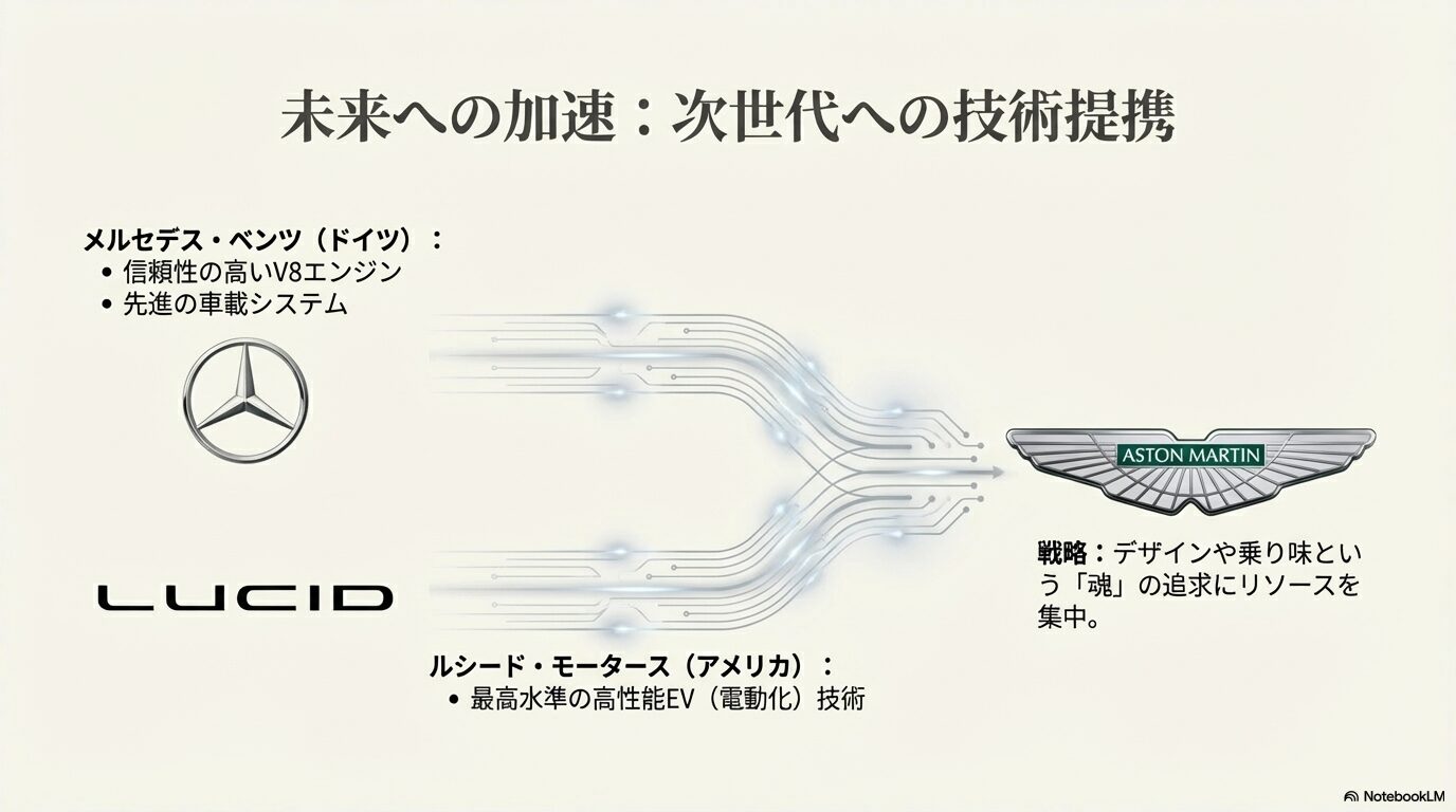 メルセデスのV8エンジンとルシードの高性能EV技術を活用する戦略を説明するスライド。