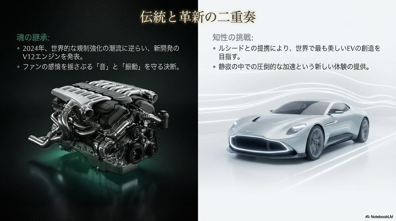 2024年に発表された新開発V12エンジンの画像と、伝統の音を守りつつEV創造を目指す戦略。