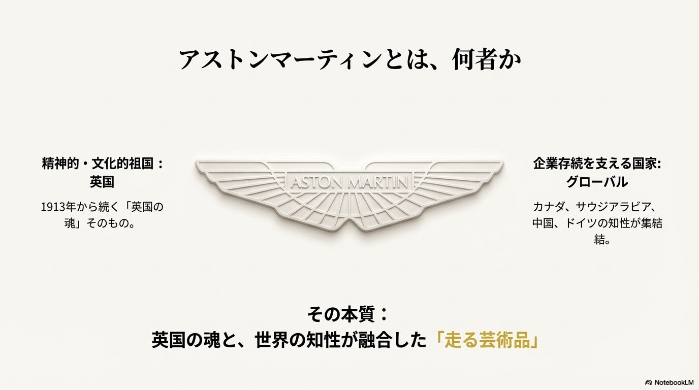英国の魂とグローバルな知性が融合した「走る芸術品」としてのブランドの結論を記したスライド。