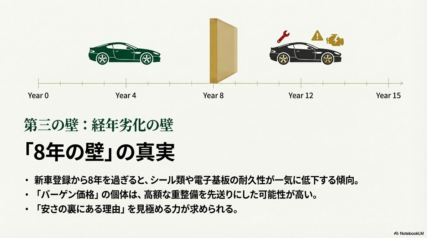 新車登録から8年を過ぎると耐久性が低下する「8年の壁」と中古車選びの注意点を示すタイムライン図