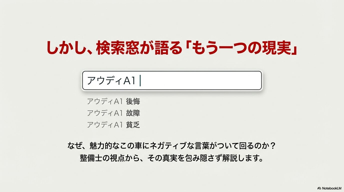 アウディA1を検索すると「後悔」「故障」「貧乏」などのキーワードが表示される様子を示したスライド