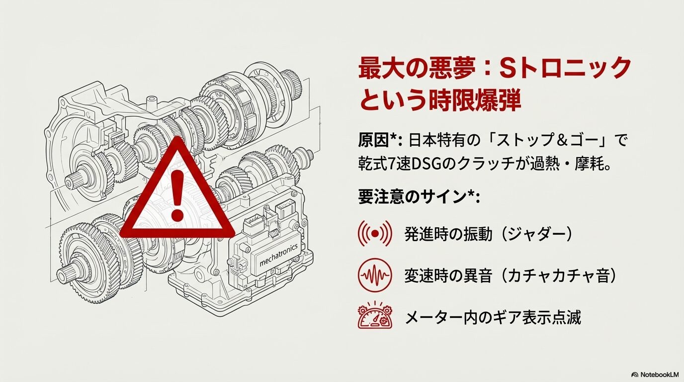 乾式7速DSGの構造図と、日本のストップ＆ゴー環境でクラッチが加熱・摩耗するメカニズムの解説