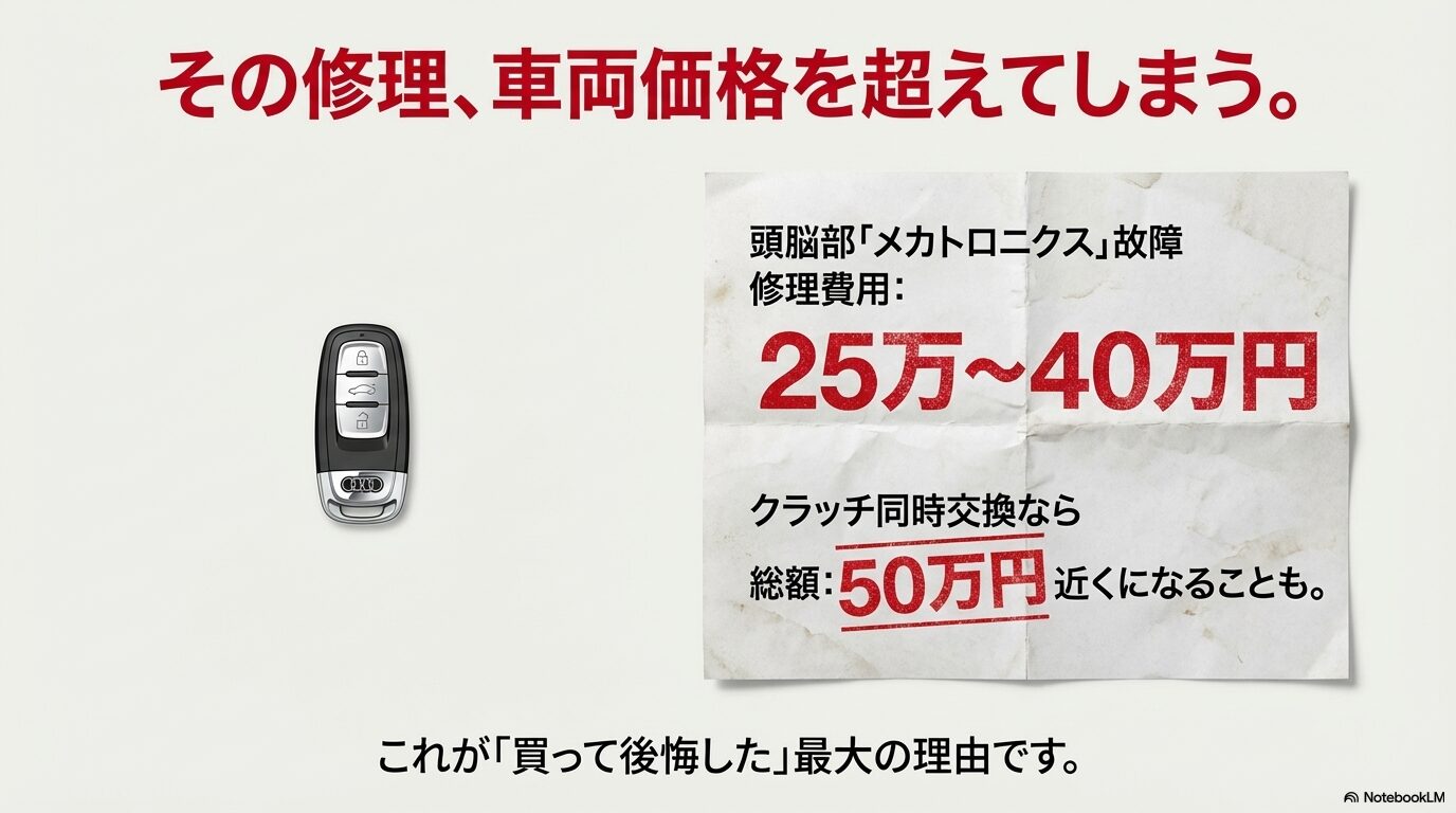 アウディA1のメカトロニクス故障時の修理費用が25万から40万円、総額50万円近くになることを示した図