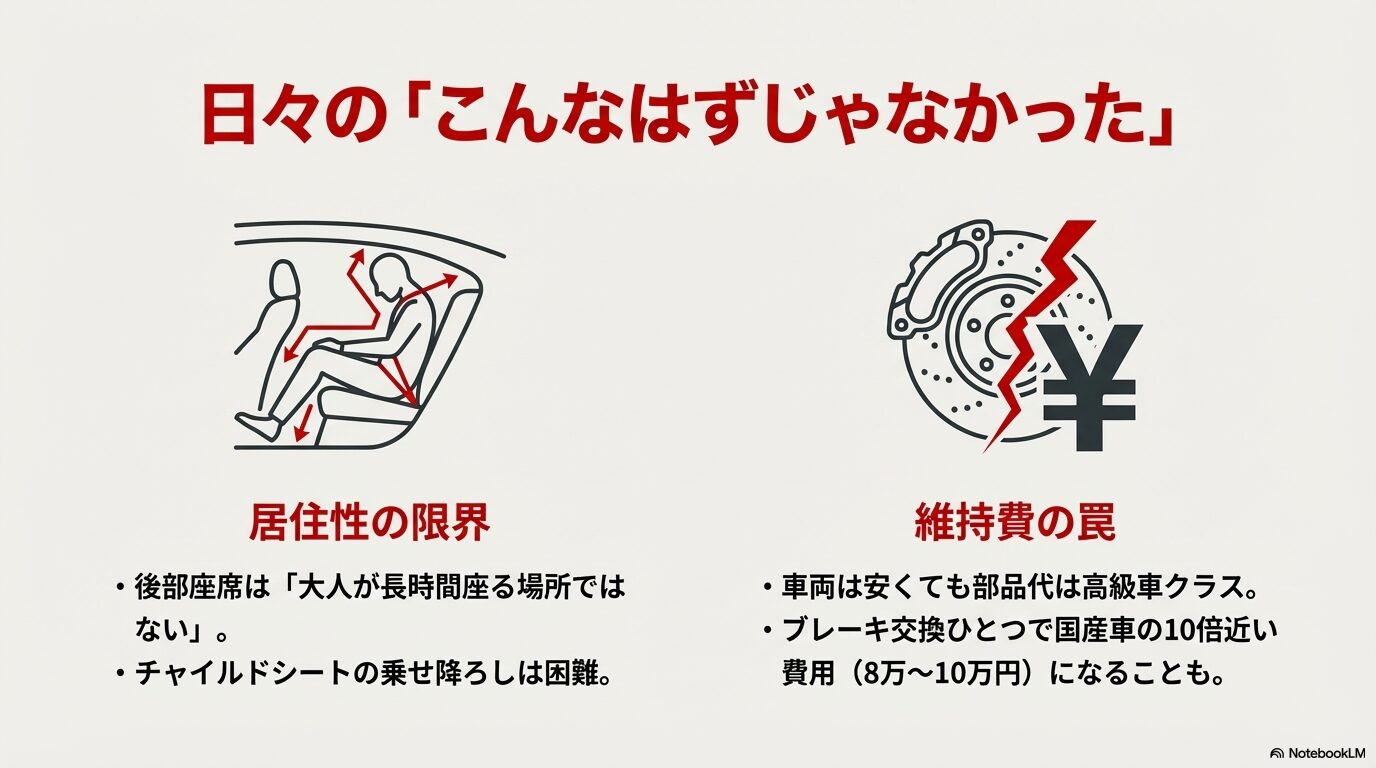 大人が座るには狭い後部座席の図解と、ブレーキローター交換などで高額になりがちな維持費の注意点