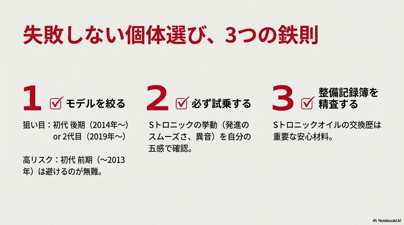 アウディA1の中古車を選ぶ際に重要な、試乗確認、整備記録簿の精査、狙い目モデルの選定についての解説